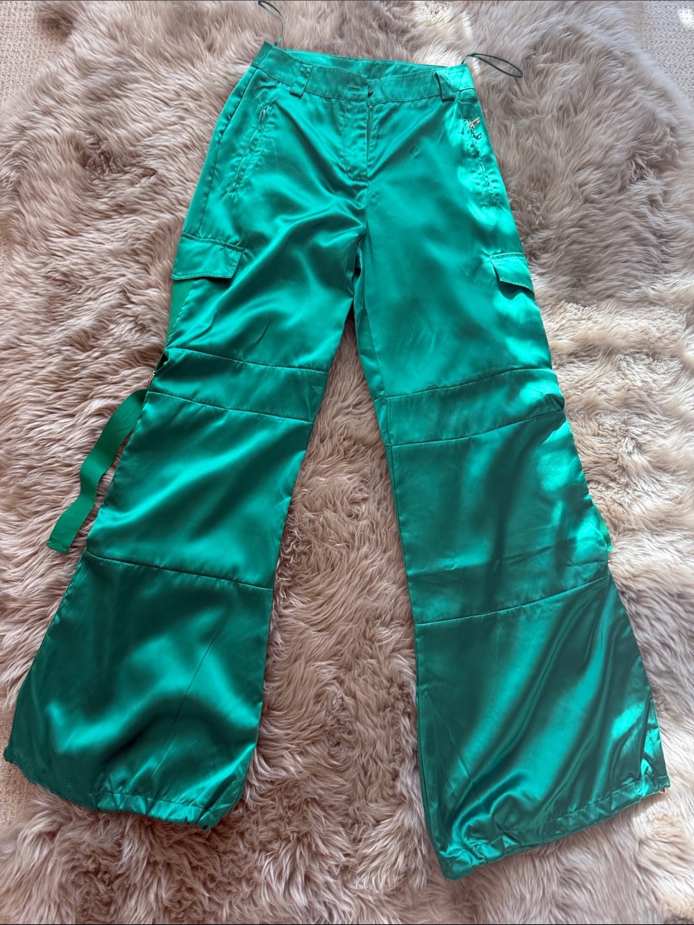 Satin Wide-Leg Cargo Pants - Green